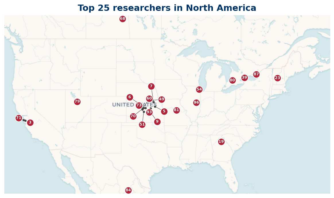Map of North America Top 100 researchers