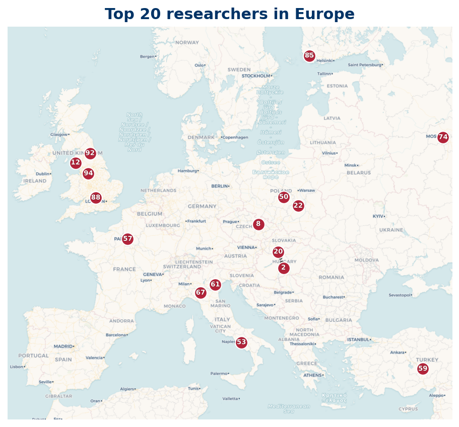 Map of Europe Top 100 researchers
