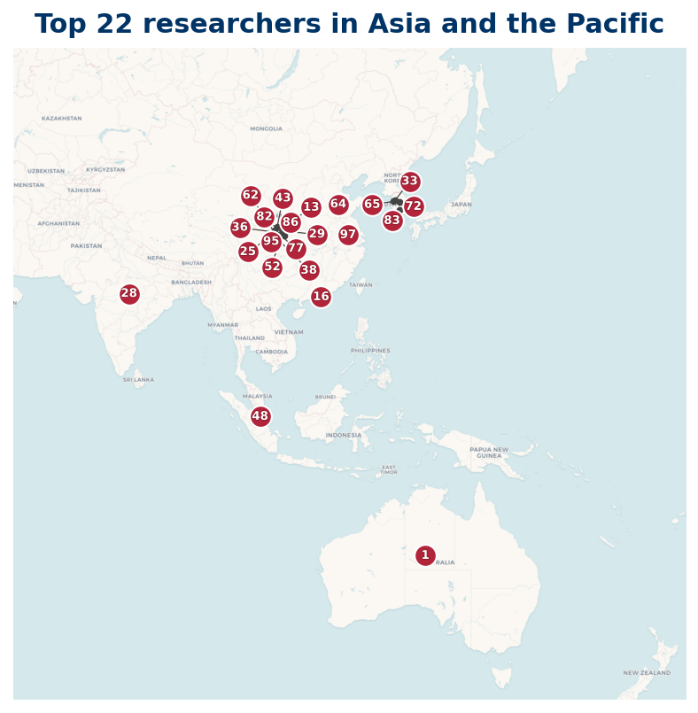 Map of Asia and the Pacific Top 100 researchers