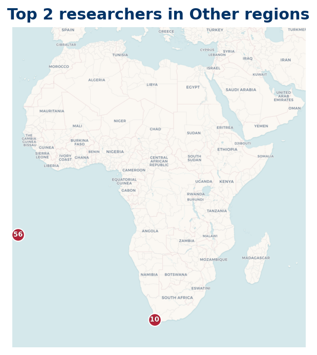 Map of Other regions Top 100 researchers